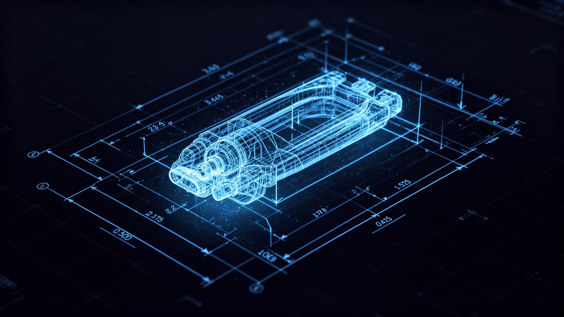 AI scanning a technical engineering drawing with dimensions and annotations